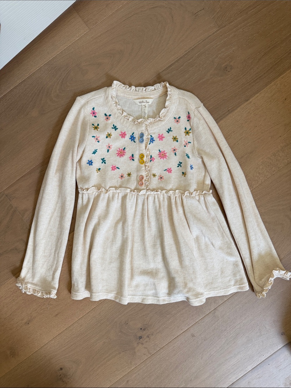 Matilda Jane Cream Ruffle Henley with Pink & Blue Floral Embroidery- NWOT